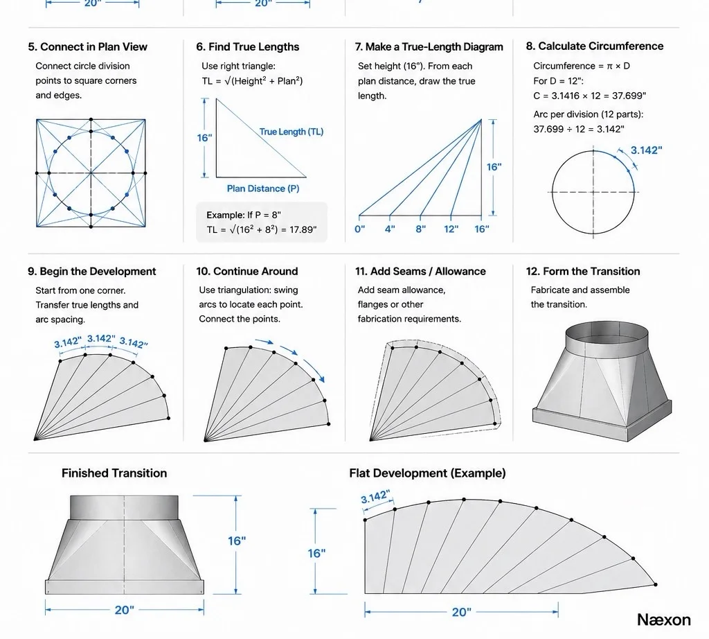 Step-by-step sheet-metal layout showing plan view, true length, circumference, development, seam allowance, and the finished square-to-round transition.