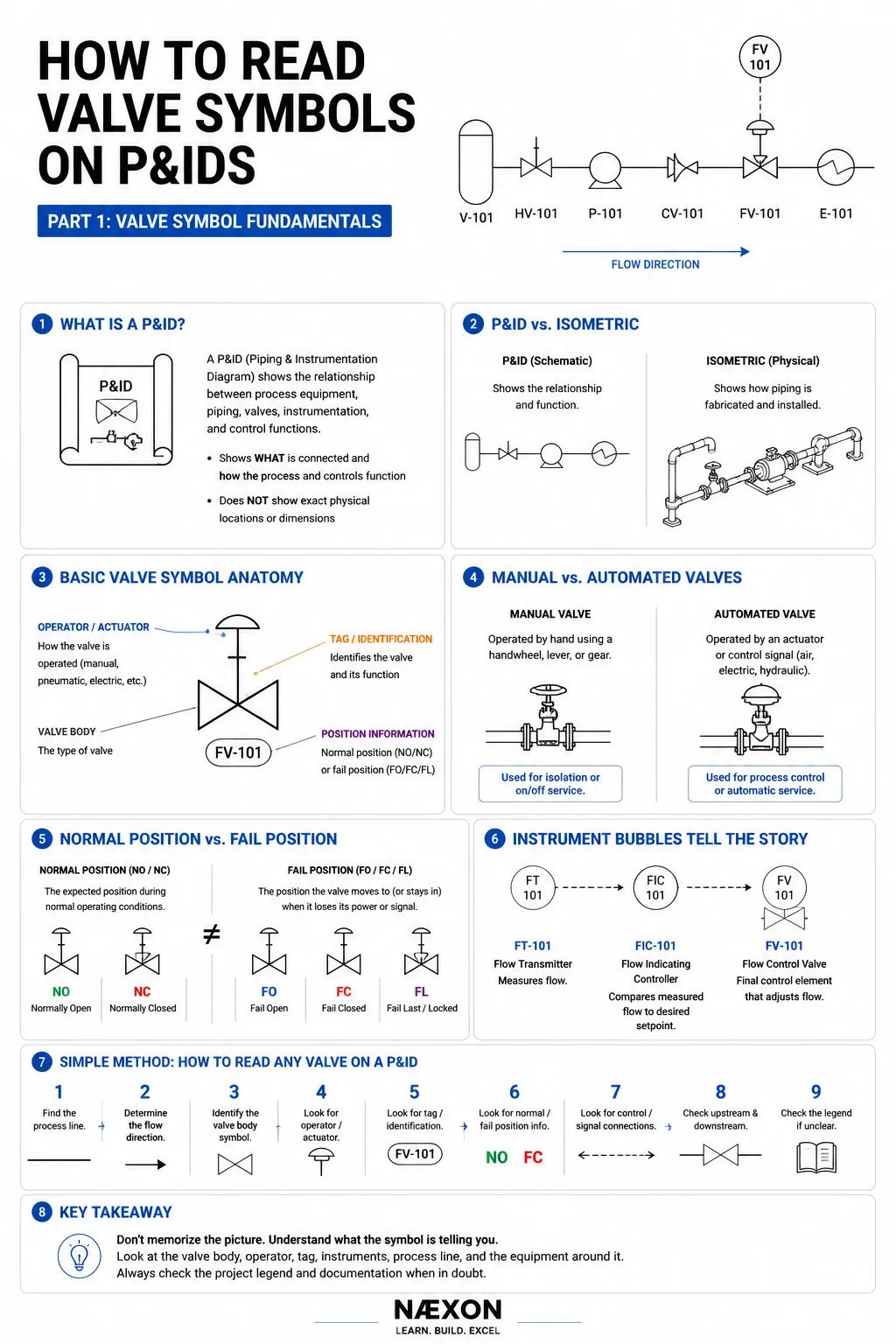 P&ID fundamentals chart showing process flow, valve anatomy, tags, manual and automated operators, normal and fail positions, and instrument bubbles.