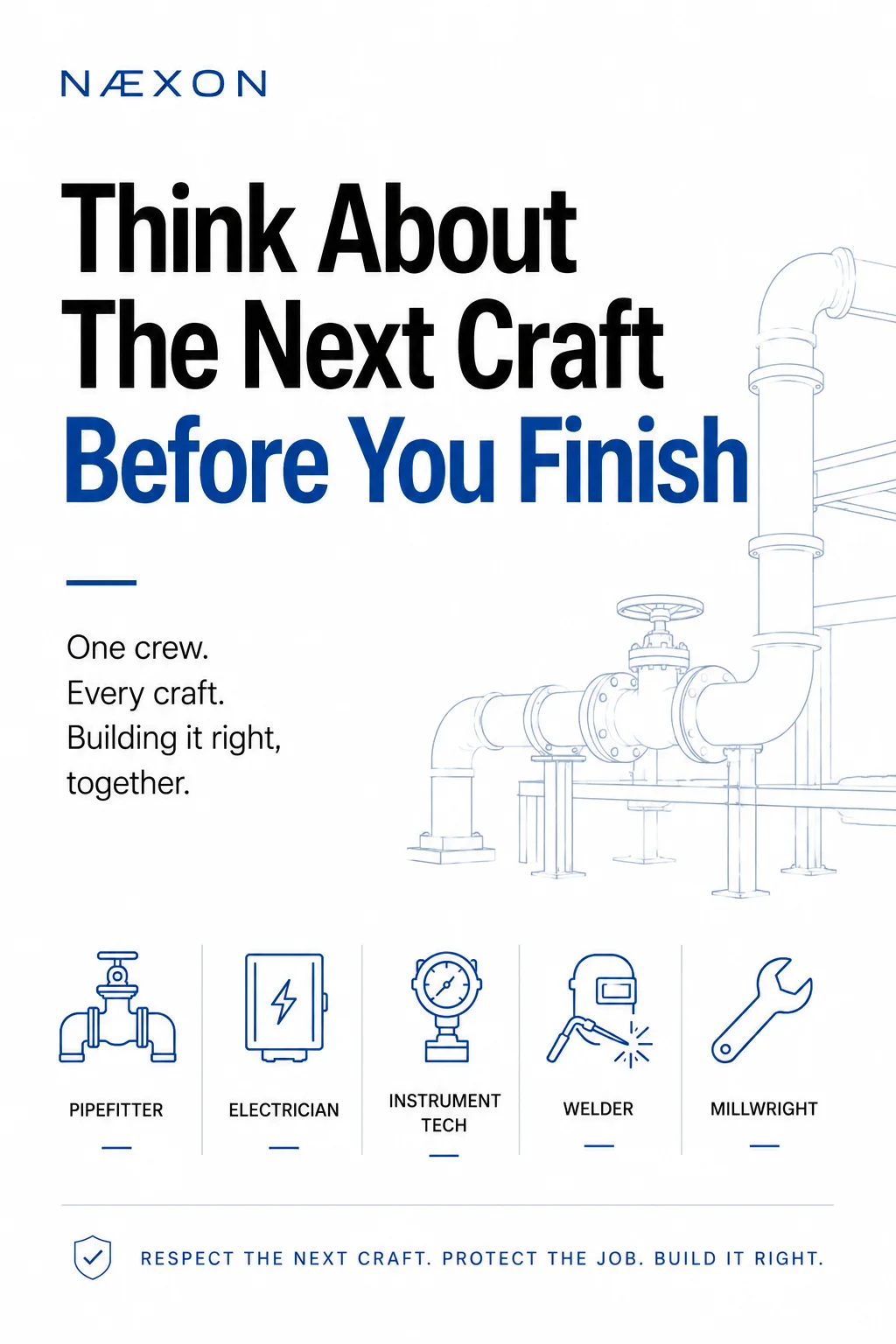 NÆXON graphic encouraging pipefitters, electricians, instrument technicians, welders, and millwrights to consider the next craft before finishing their work.