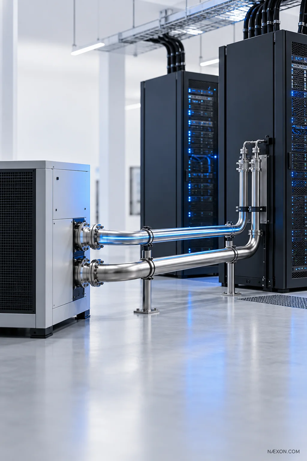 Metal piping connects equipment beside server racks in a data center illustration.