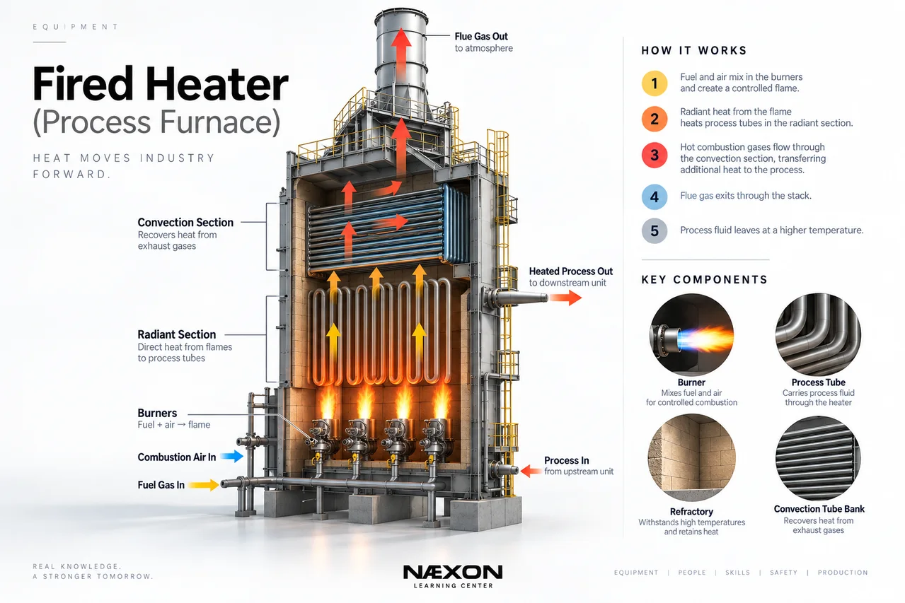 Cutaway fired heater diagram with burners, radiant tubes, convection section, fuel, air, process flow, and flue gas stack