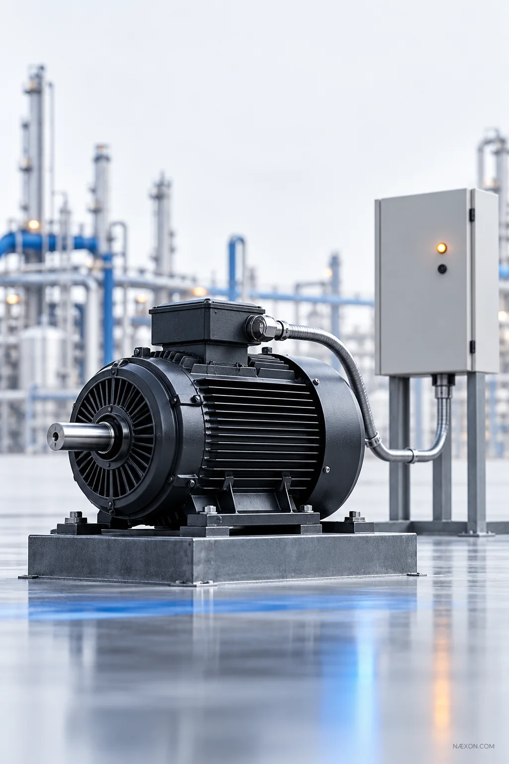 Industrial electric motor mounted beside an electrical enclosure at a refinery.