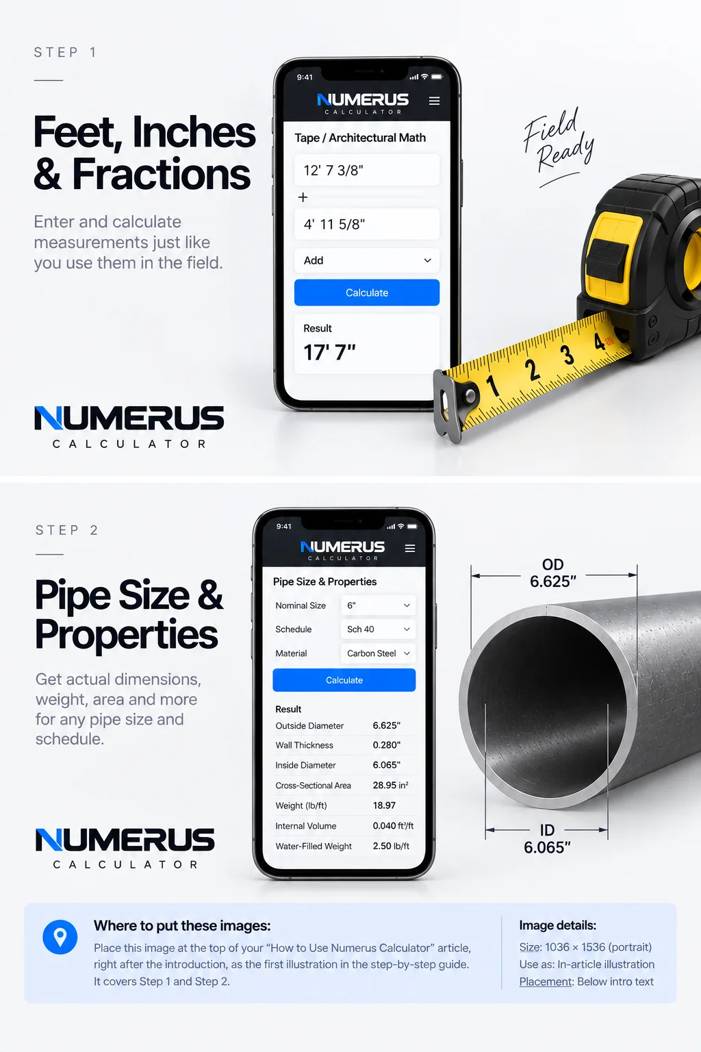 Two-part Numerus guide graphic with phone screens for architectural measurements and pipe size properties beside tape and pipe.
