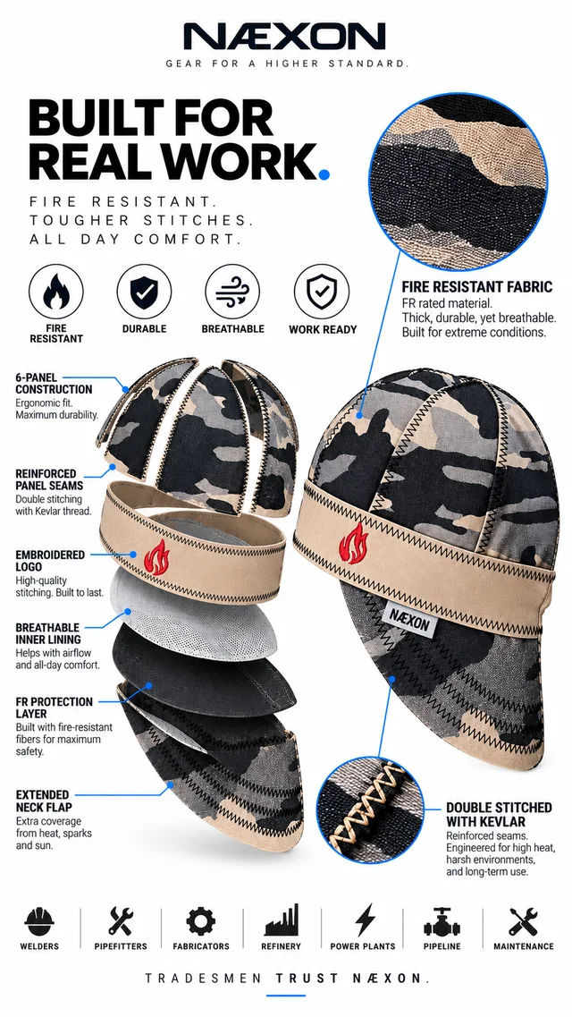 Exploded illustration of a camouflage Næxon FR welding cap with fabric, panel seams, lining, neck flap, and stitching callouts.