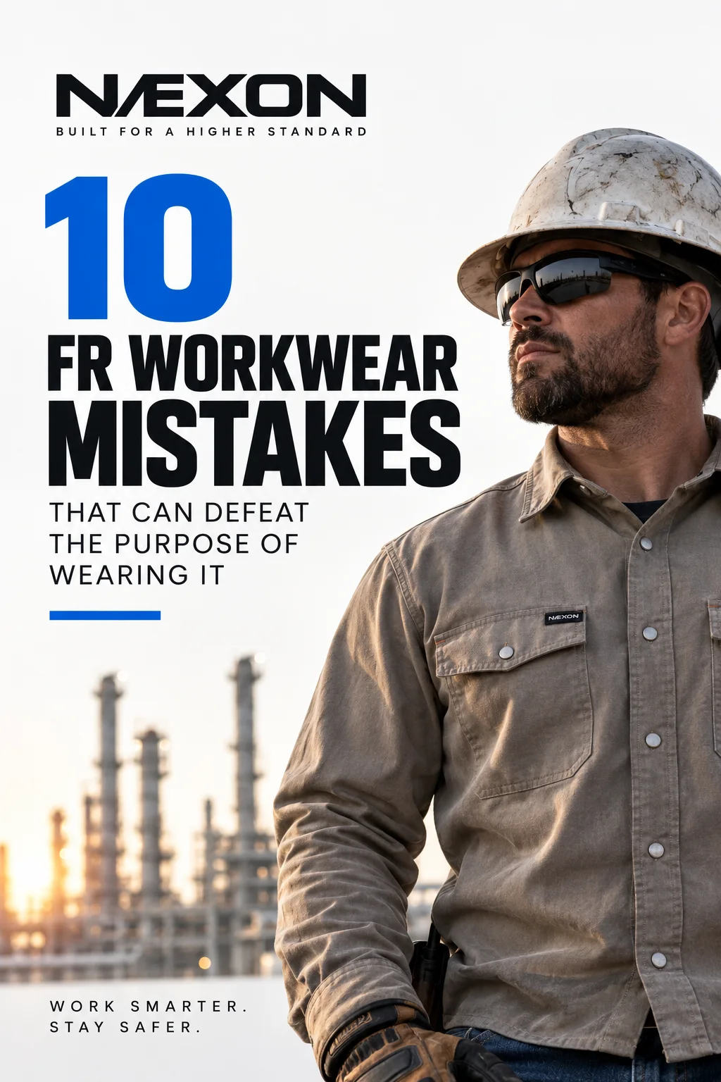Feature graphic of an industrial worker wearing hard hat, safety glasses, gloves, and a long-sleeve work shirt at a refinery.