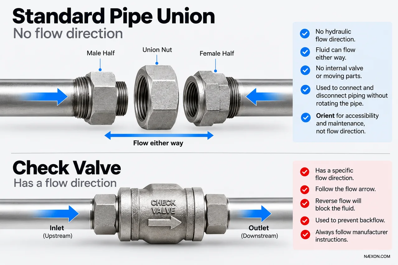Comparison diagram showing a standard pipe union with flow either way and a check valve with a marked flow direction.