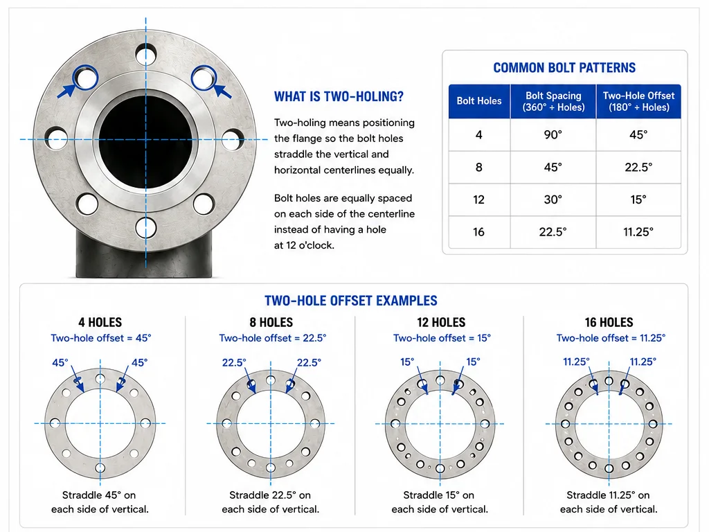 Diagram explaining flange two-holing with 4-, 8-, 12-, and 16-hole bolt patterns and their angular offsets from vertical centerline.