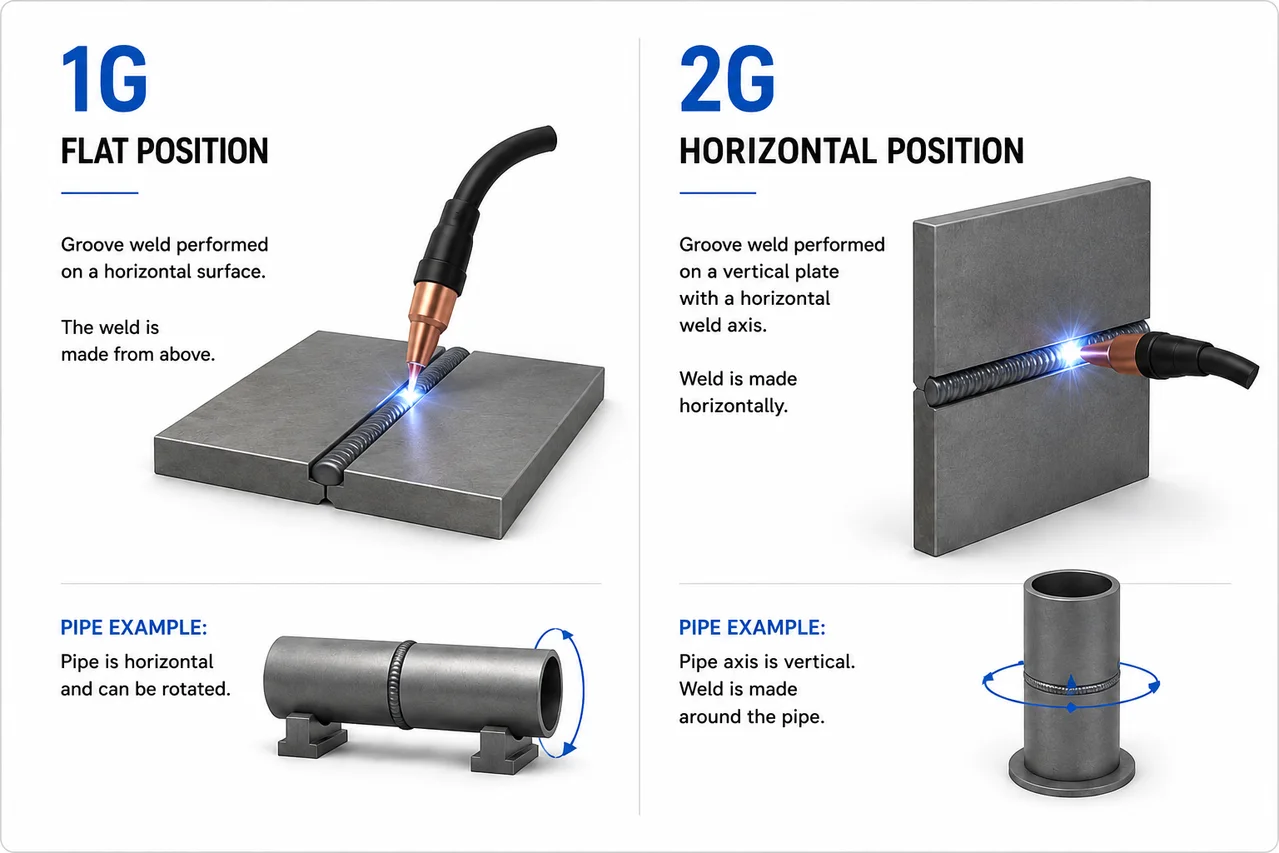 Welding diagram comparing the 1G flat position and 2G horizontal position using plate and pipe examples.