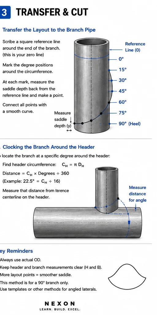 Pipe-saddle layout guide showing how to transfer calculated points to the branch pipe, connect the marks, cut the pattern, and check the fit.