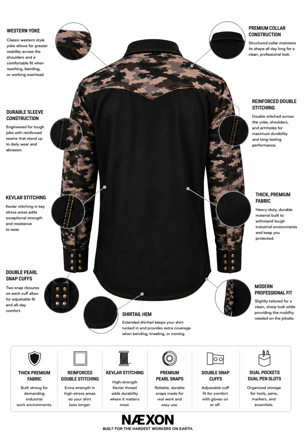 Næxon black and camouflage work shirt showing Western yoke, Kevlar stitching, pearl snap cuffs, reinforced seams, and premium fabric