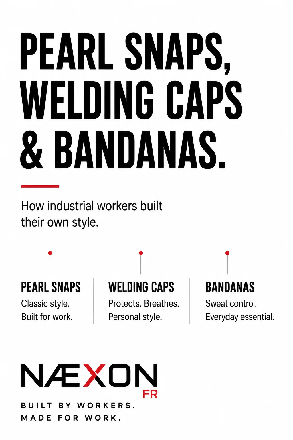Typographic poster naming pearl snaps, welding caps, and bandanas as elements of industrial workers’ style.