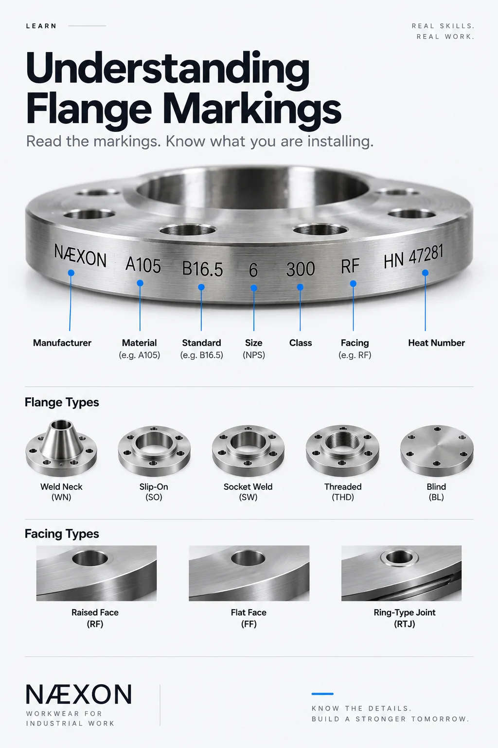 Flange illustration labels sample manufacturer, A105 material, B16.5 standard, six-inch size, class 300, RF facing, and heat number.