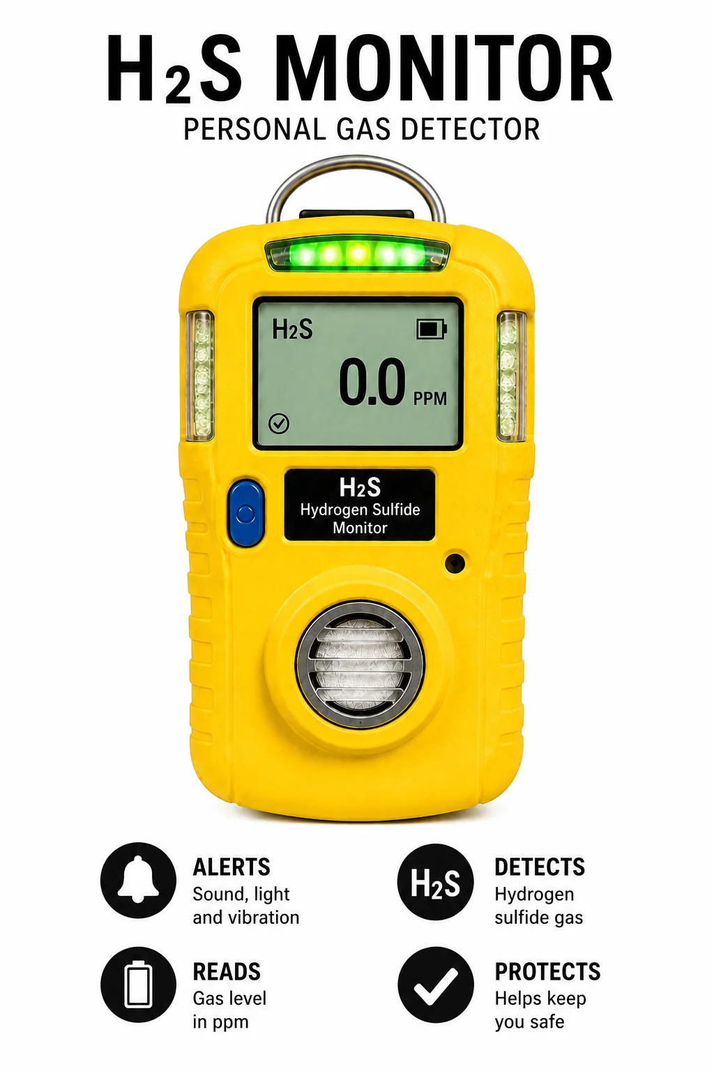 Yellow personal hydrogen sulfide monitor showing 0.0 ppm with indicator lights, sensor opening, and alarm feature icons.