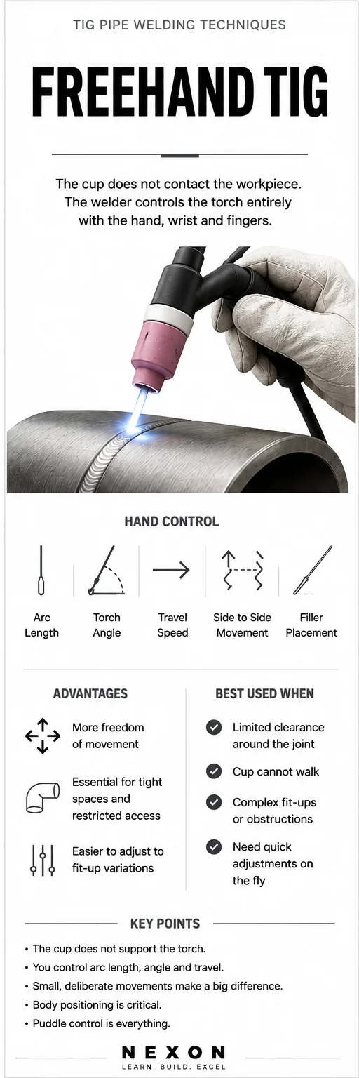 Freehand TIG chart showing torch grips, hand-control methods, travel guidance, and practical tips for welding without walking the cup.