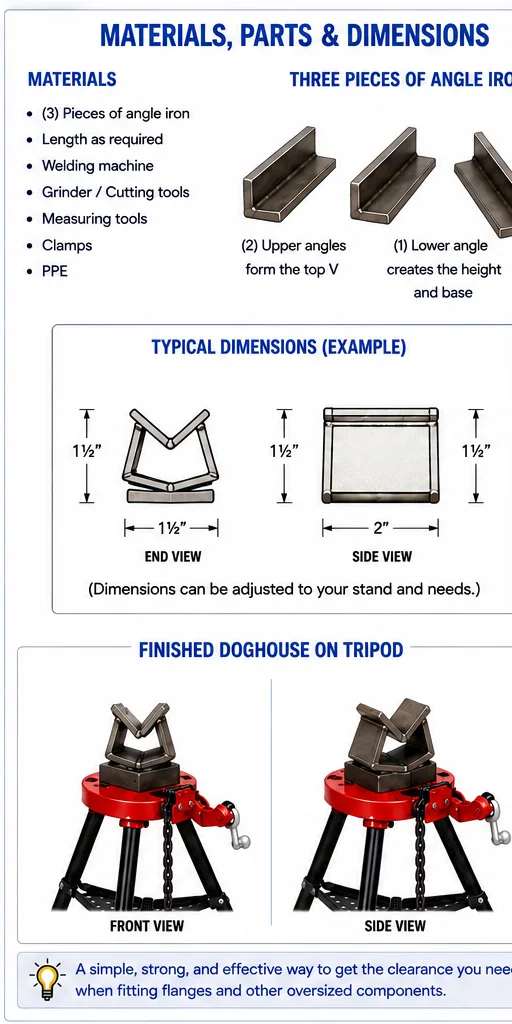Pipefitter doghouse dimensions and materials showing three-piece angle iron fabrication for a tripod pipe stand