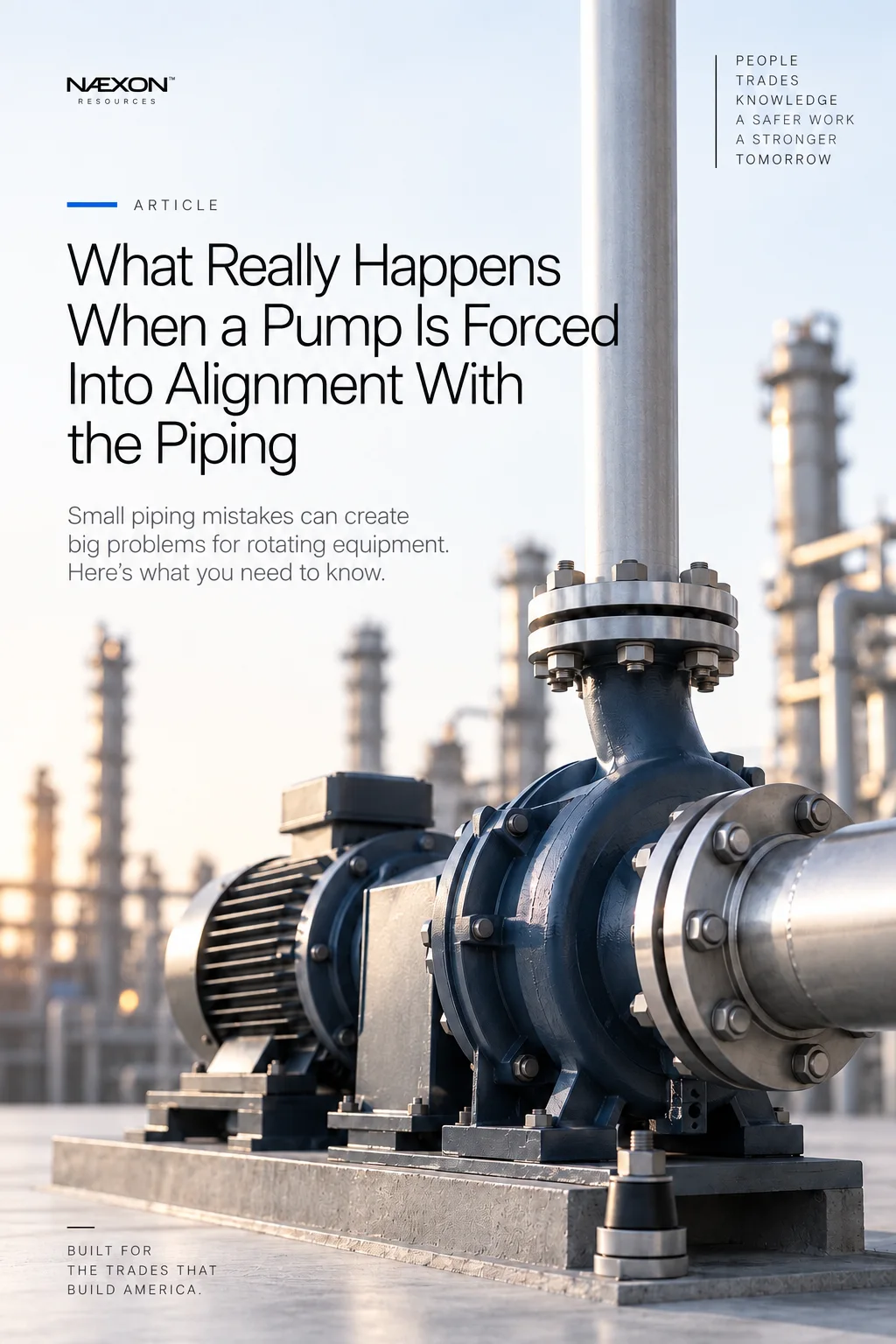 Blue centrifugal pump and motor connected to a flanged steel pipe, with refinery towers blurred behind.