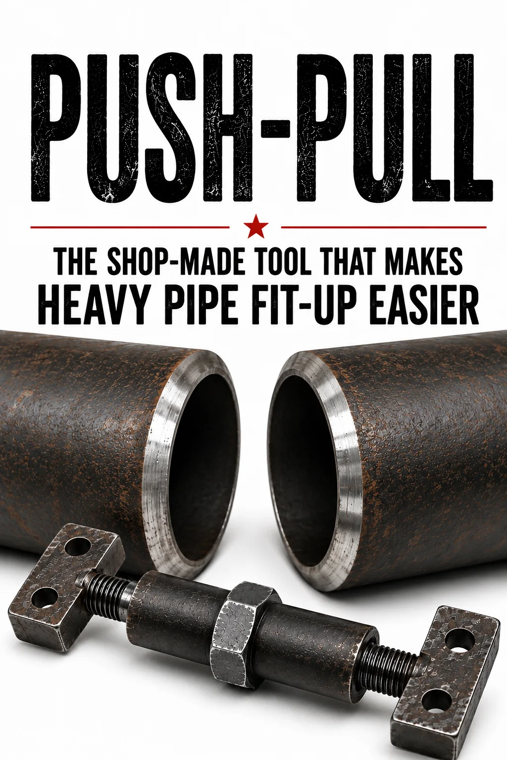 Heavy-duty threaded rod and adjustment nut used to fabricate a DIY push-pull pipe fitting tool.