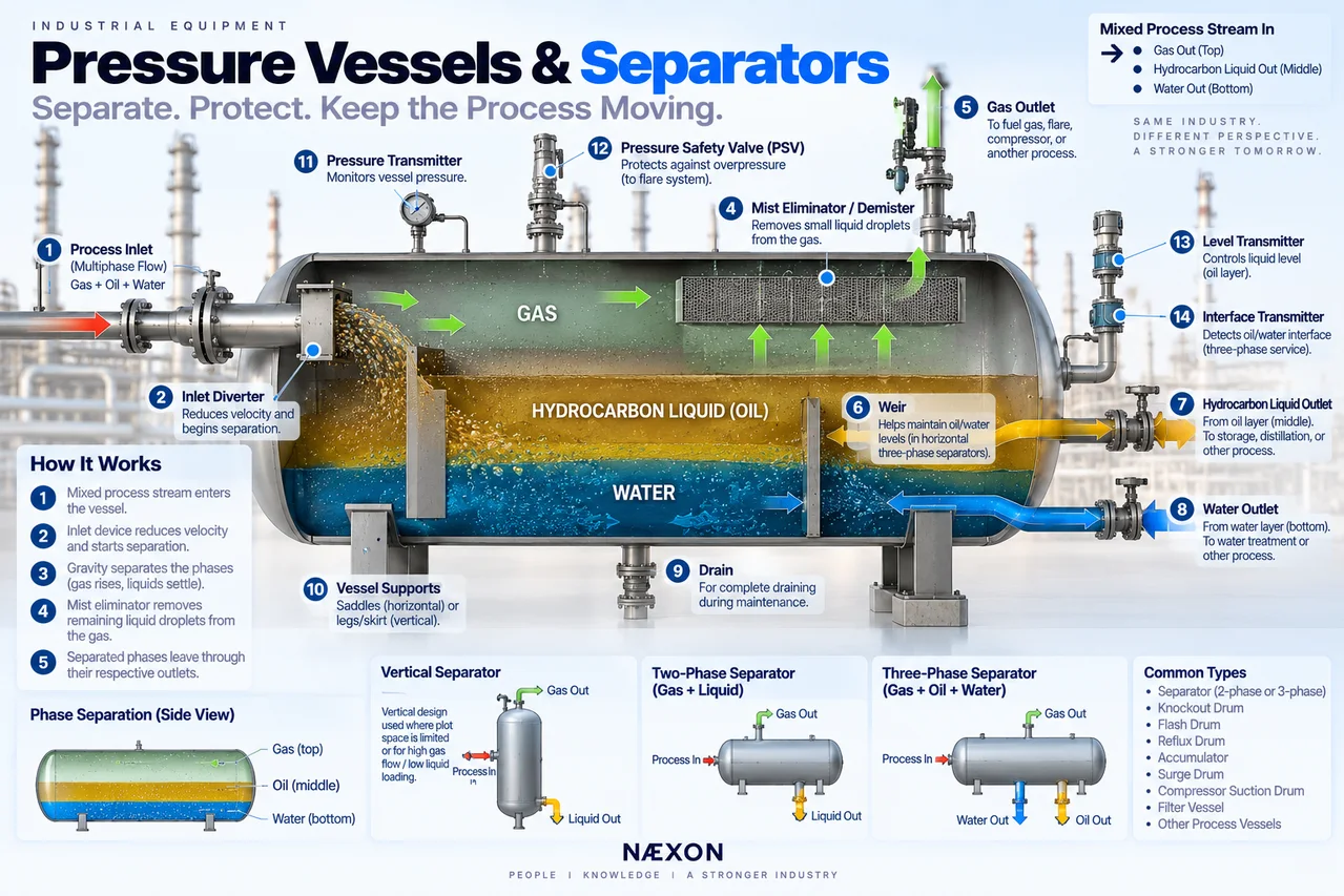 Horizontal pressure vessel cutaway with gas, hydrocarbon liquid, and water layers plus instruments and outlets