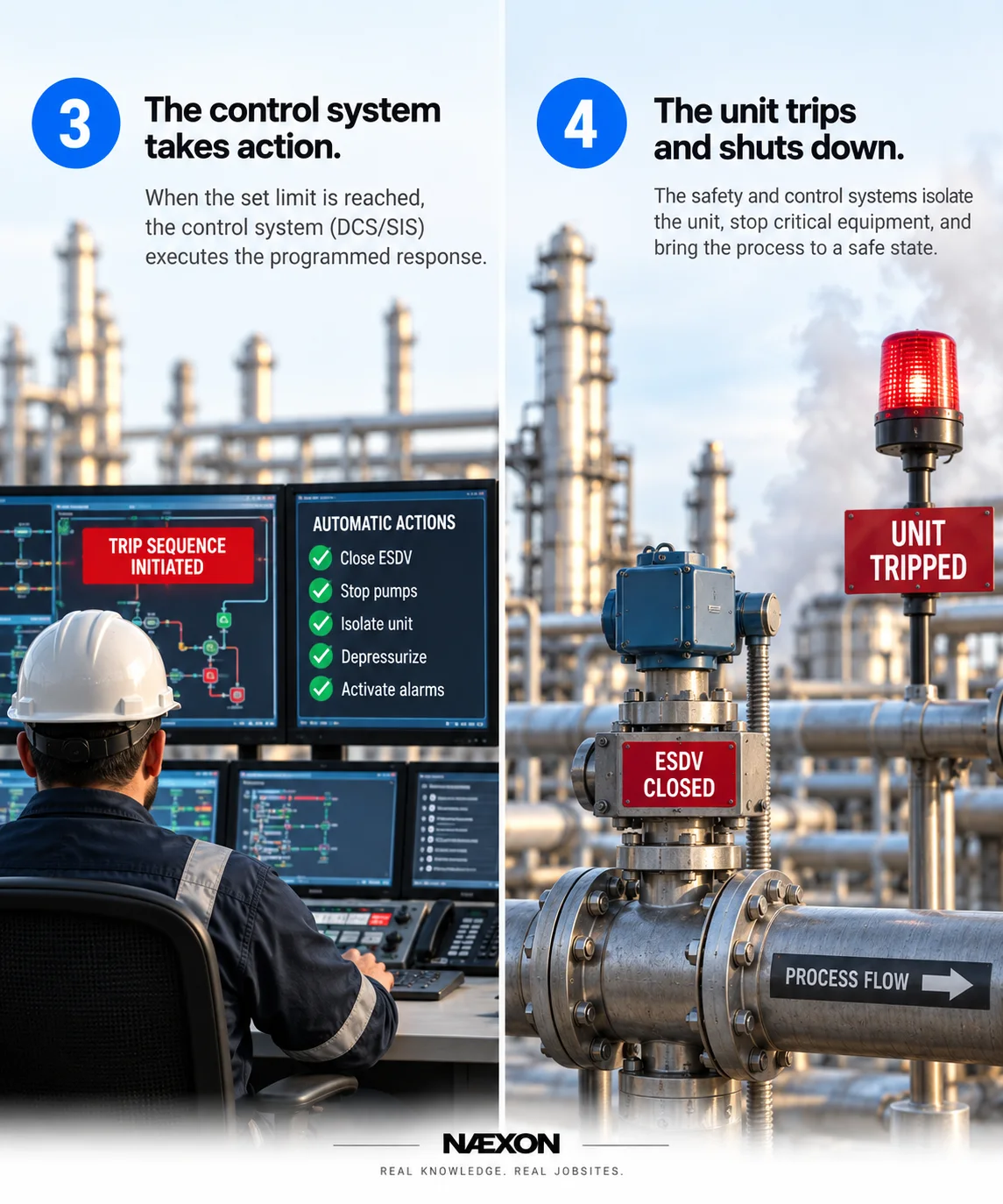 Illustration of control-system trip action, with control room screens and an emergency shutdown valve on refinery piping.