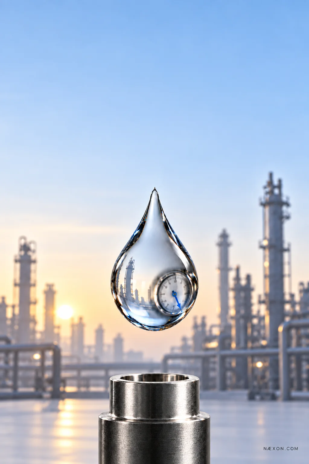 A pressure gauge inside a suspended water droplet above an open metal pipe, with a refinery in the background.