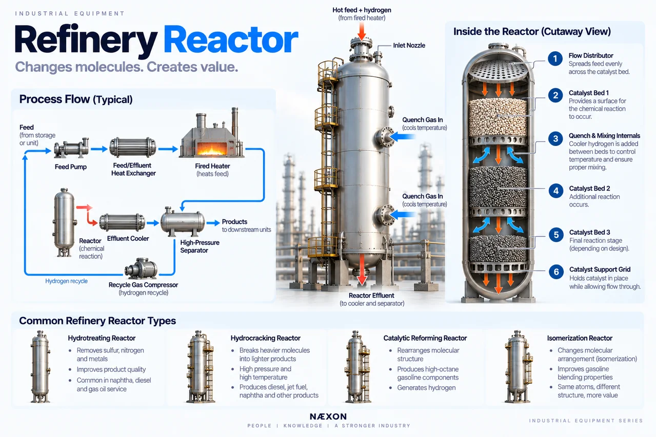 Refinery reactor diagram showing feed heating, catalyst beds, quench zones, separation, and reactor types