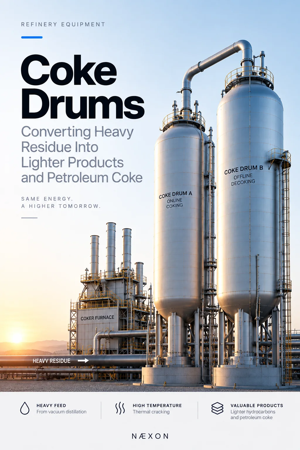 Two coke drums labeled online coking and offline decoking beside a coker furnace