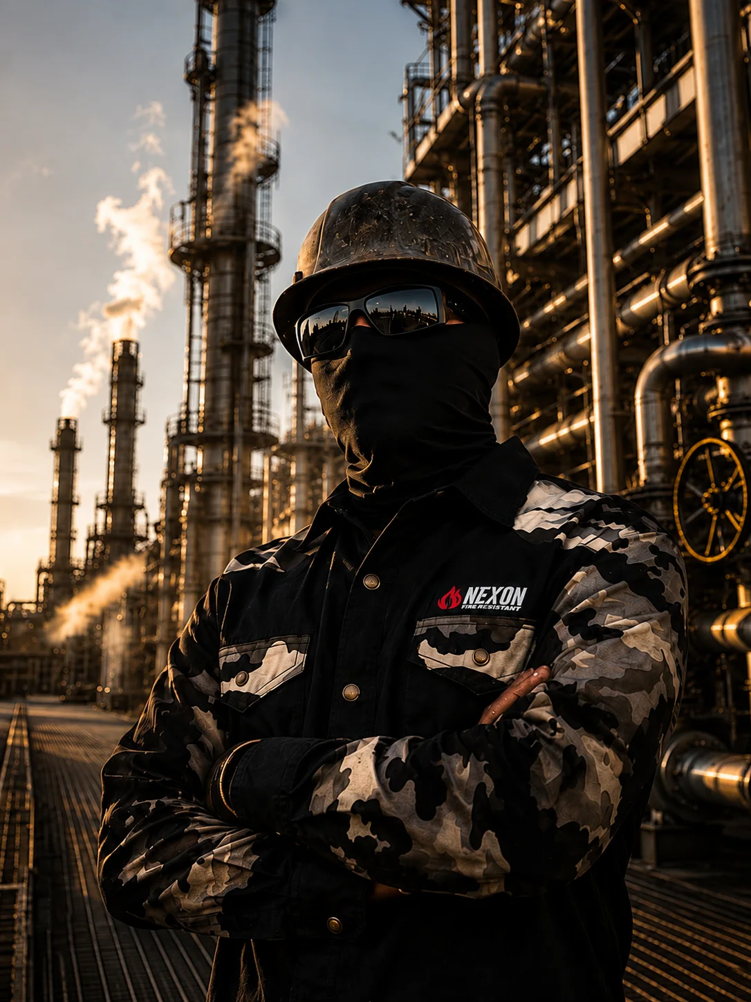 Industrial worker wearing Næxon black and camo FR pearl snap shirt at an oil refinery
