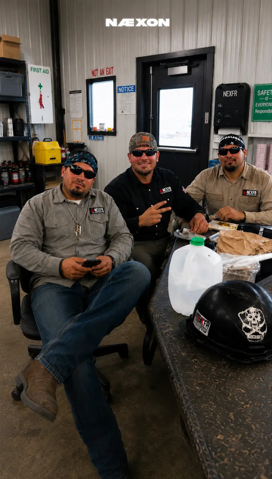 Three industrial tradesmen wearing Næxon FR work shirts during a jobsite lunch break