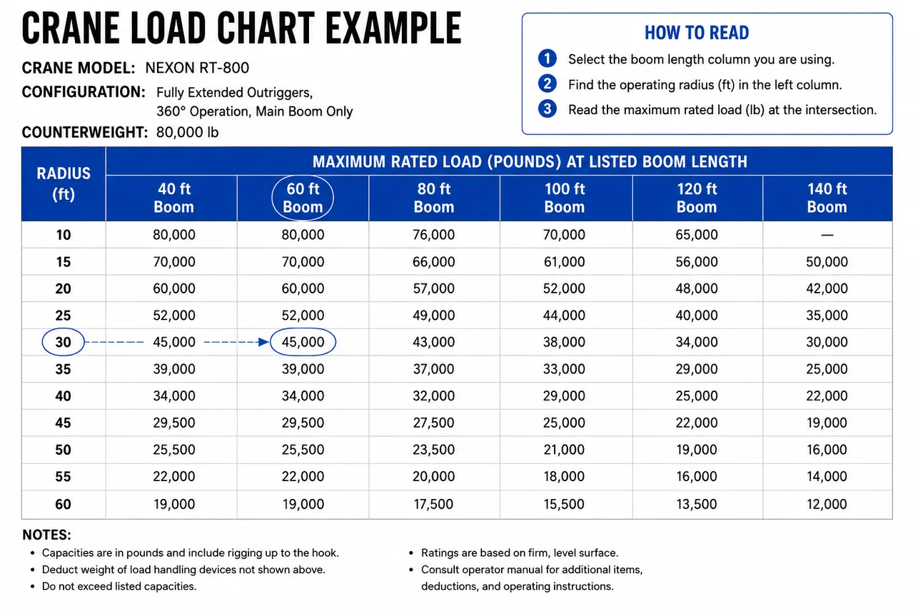 Crane load-chart table showing maximum rated loads by operating radius and boom length with a highlighted 30-foot-radius example.