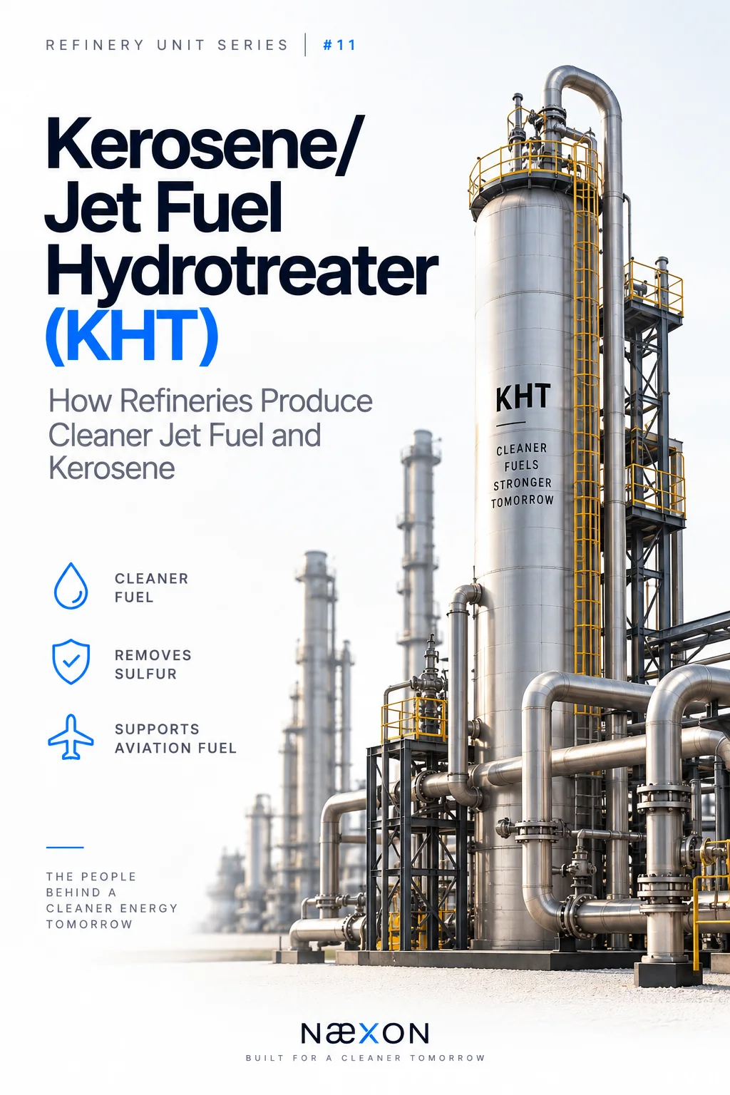 Refinery vessel marked KHT with adjacent piping beneath a headline about cleaner jet fuel and kerosene.