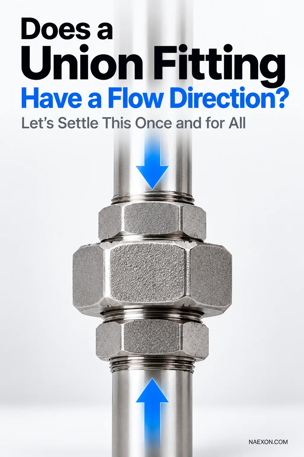 Metal pipe union connecting vertical pipe sections, with blue arrows pointing toward the union from opposite directions.