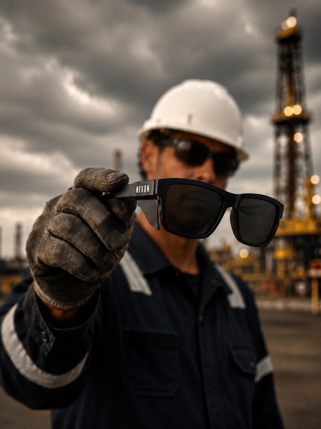 Industrial worker holding Næxon black safety glasses at an oil refinery