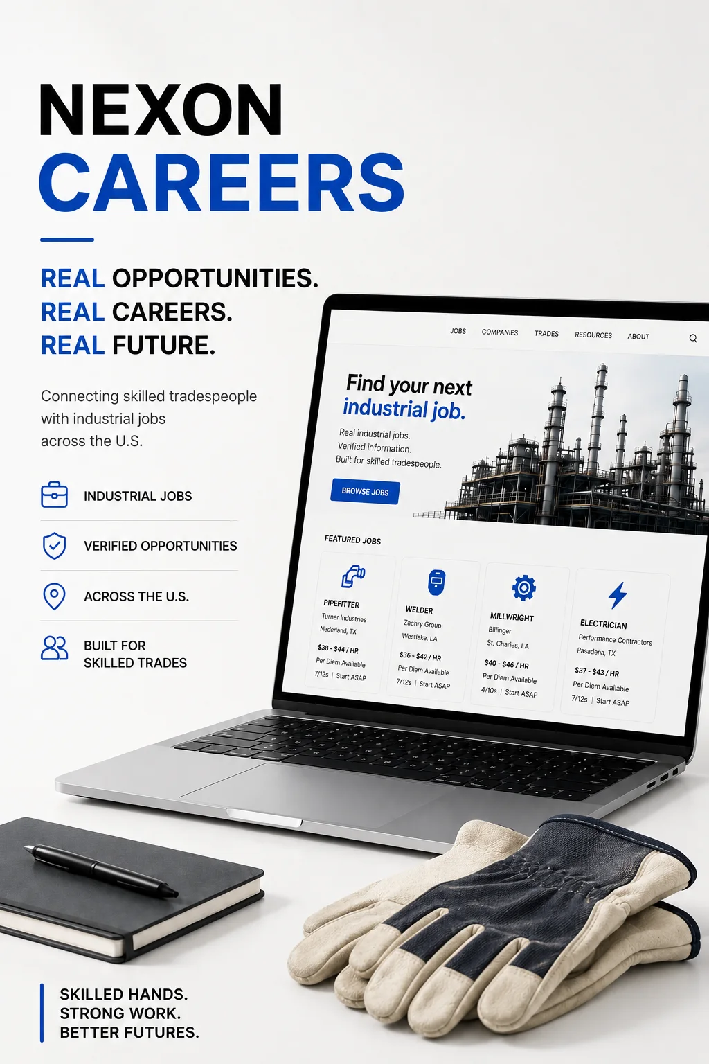 NEXON Careers poster with a laptop showing an industrial jobs page, gloves, and a refinery image.