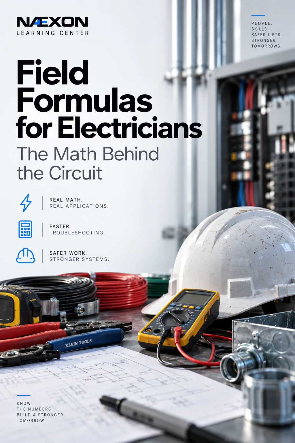 Multimeter, white hard hat, cable rolls, and electrical drawings at a workbench with conduit and panel behind.