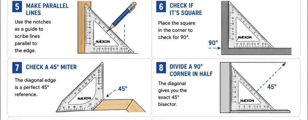Speed-square guide showing how to make parallel lines, check a 90-degree corner, mark a 45-degree miter, and divide a right angle in half.
