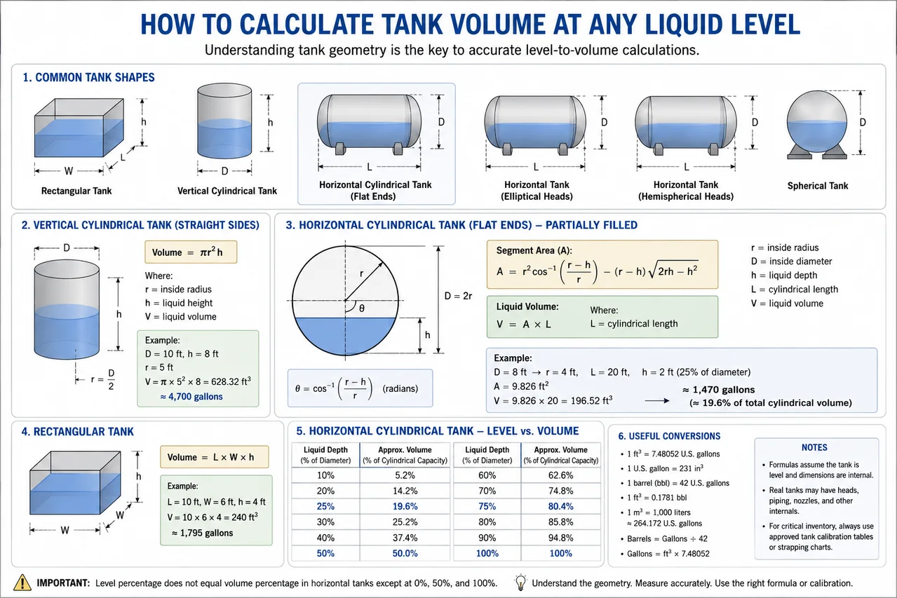 Tank-volume calculation sheet with rectangular and cylindrical tank diagrams and partial-fill formulas.