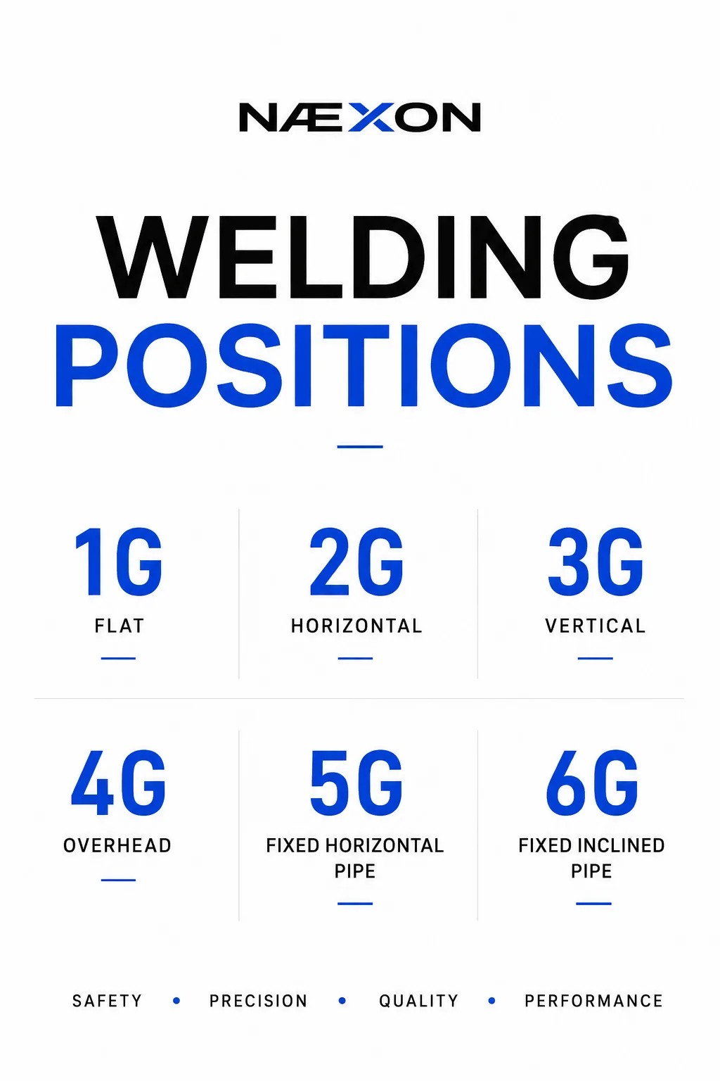 Welding positions chart listing 1G flat, 2G horizontal, 3G vertical, 4G overhead, 5G fixed horizontal pipe, and 6G fixed inclined pipe.